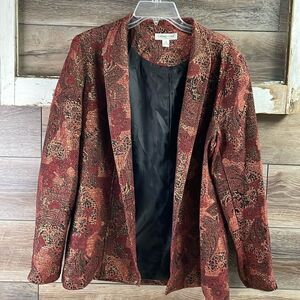 COLDWATER CREEK Sz Medium Rich Red Metallic Paisley Open Red Rust Blazer Jacket